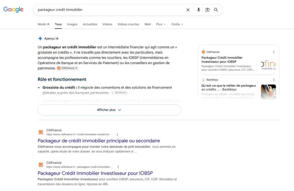 Resultat Google : Cibfinance en premiere et deuxieme position et cite dans l Apercu IA
