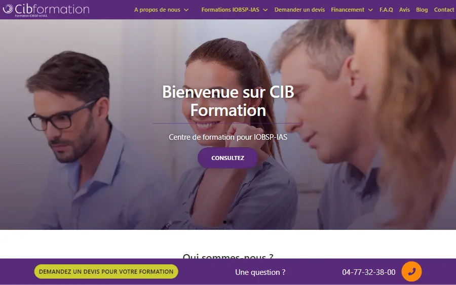 Page d’accueil du site WordPress de Cibformation, centre de formation IOBSP et IAS, avec la barre de demande de devis et le téléphone en bas de l’écran